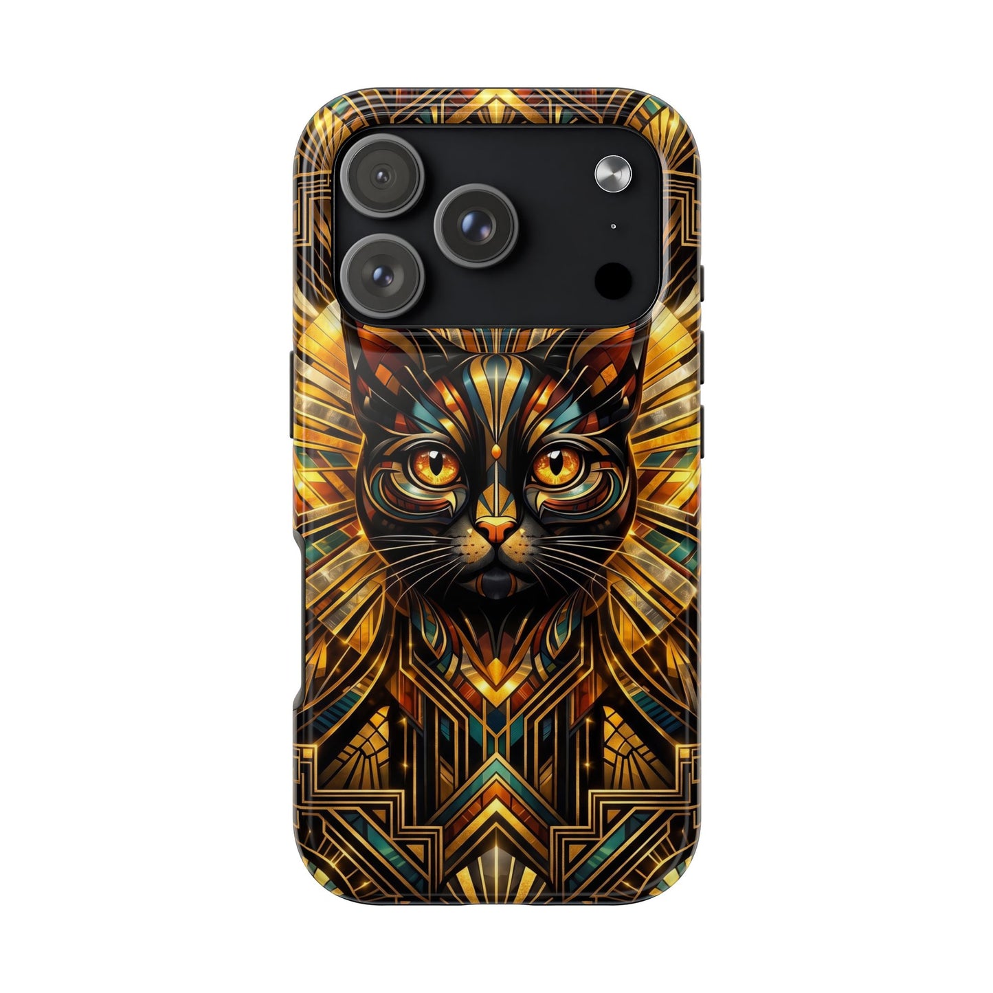 Art Deco Cat Tough Phone Case — Golden Geometric Protective Cover
