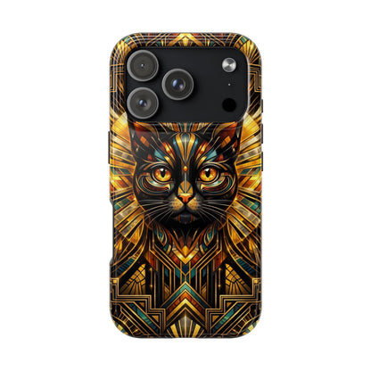 Art Deco Cat Tough Phone Case — Golden Geometric Protective Cover