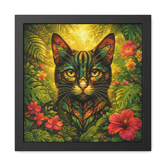 Framed tropical botanical cat art print with black border and colorful flowers