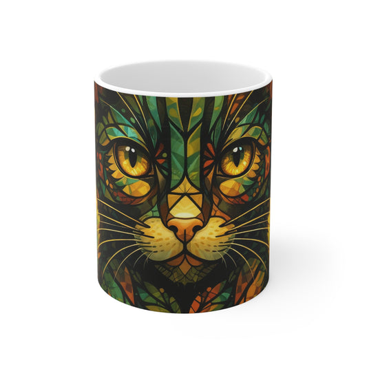 Ceramic mug with stained-glass style jungle cat face in green, orange, and yellow