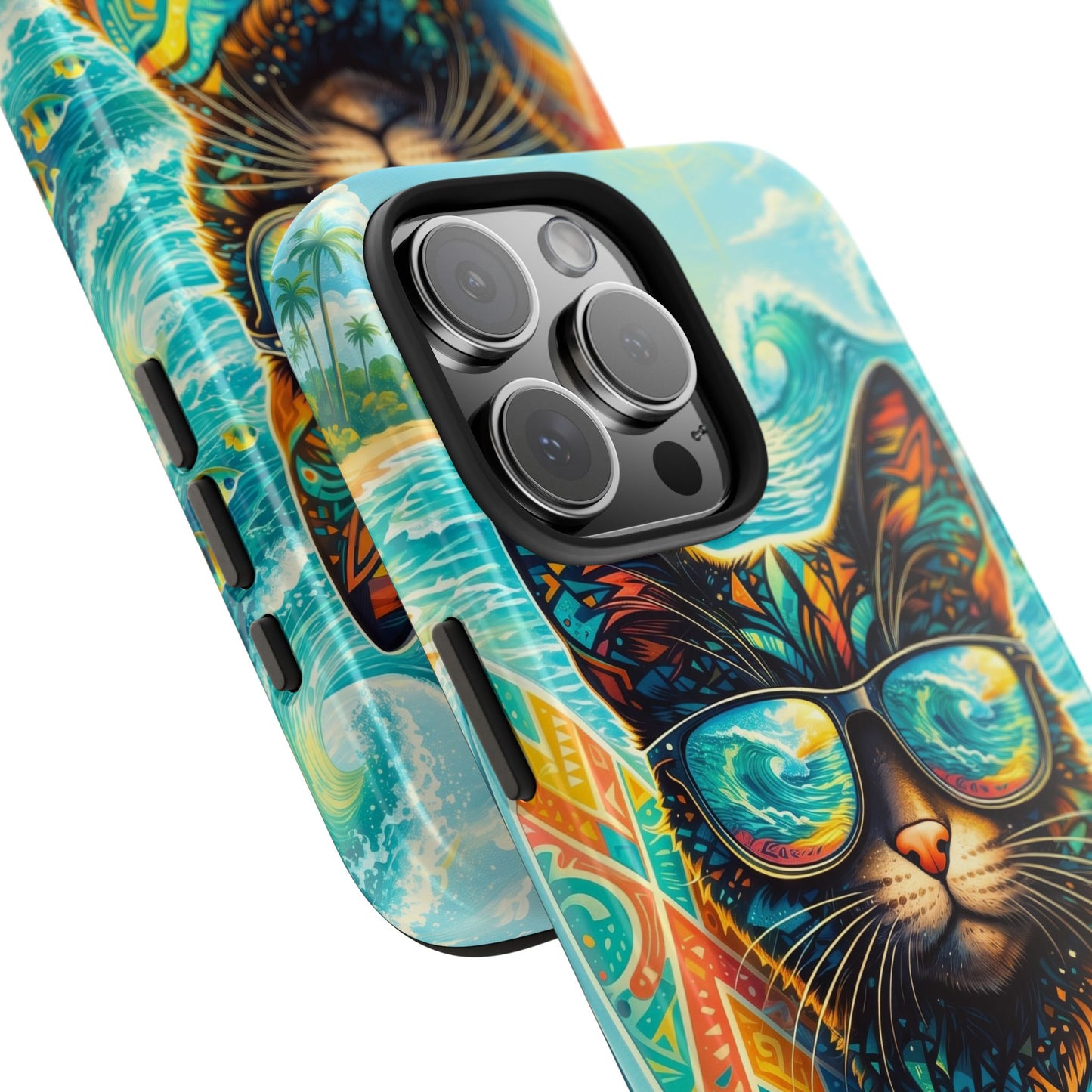 Tropical Surf Cat Tough Phone Case — Colorful Sunglasses Cat Slim Protective Cover