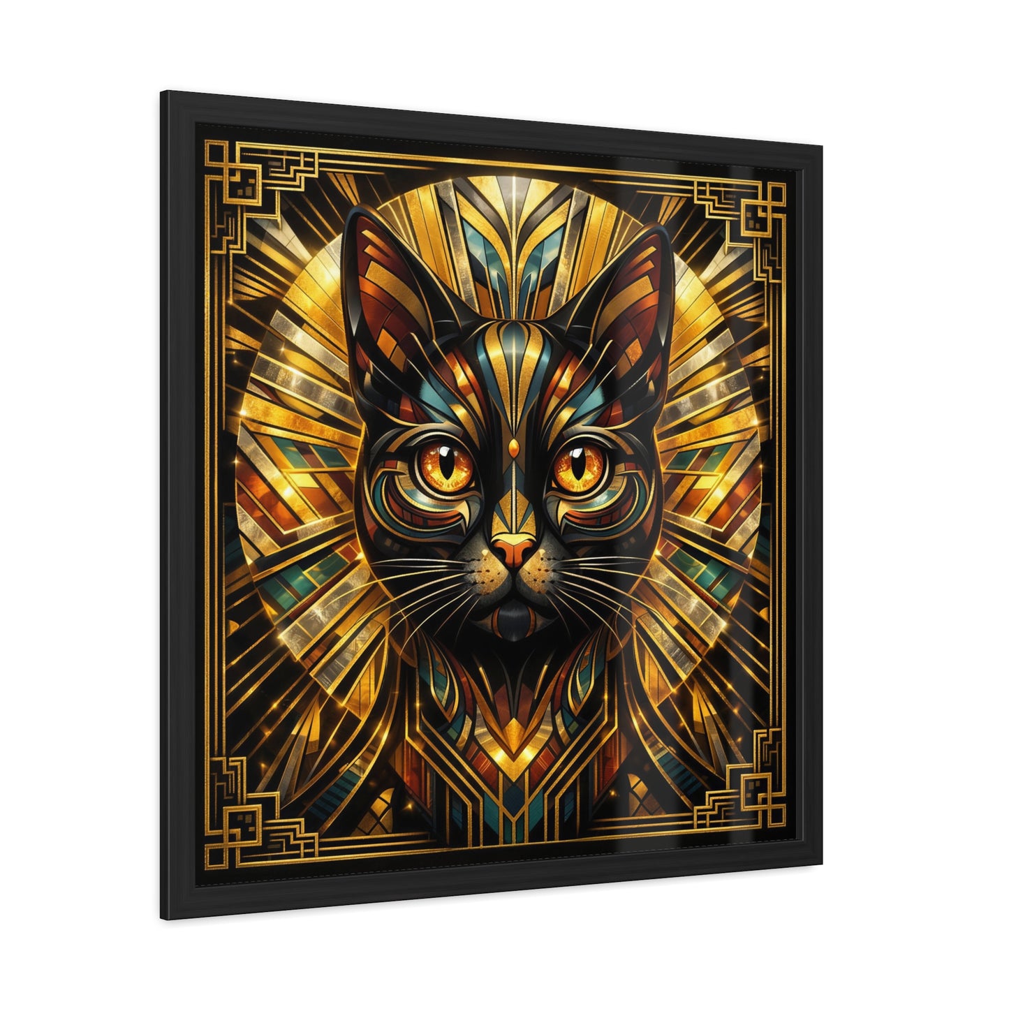 Art Deco Cat Framed Poster — Golden Stained-Glass Feline Wall Art