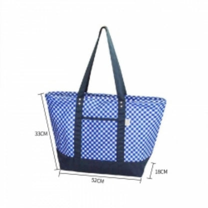 Insulated tote cooler with blue checkered pattern, approx 53x33x15 cm