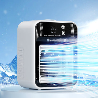 Ivory mini air cooler fan close-up with front grille, top display, and mist effect