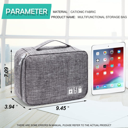 Gray fabric travel cable organizer bag with top handle and front utility icon patch