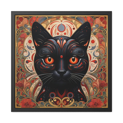 Black Cat Art Print — Framed Poster with Ornate Floral Mandala Design