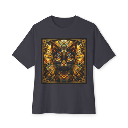Art Deco Cat Graphic Tee — Golden Stained-Glass Feline Print