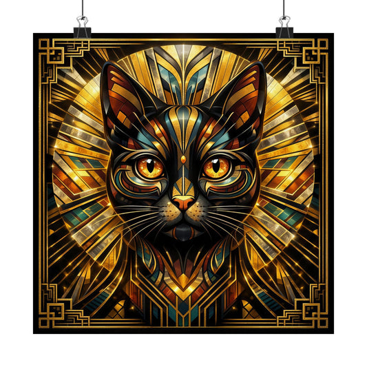 Art deco golden cat poster hanging with ornate border and stylized feline face