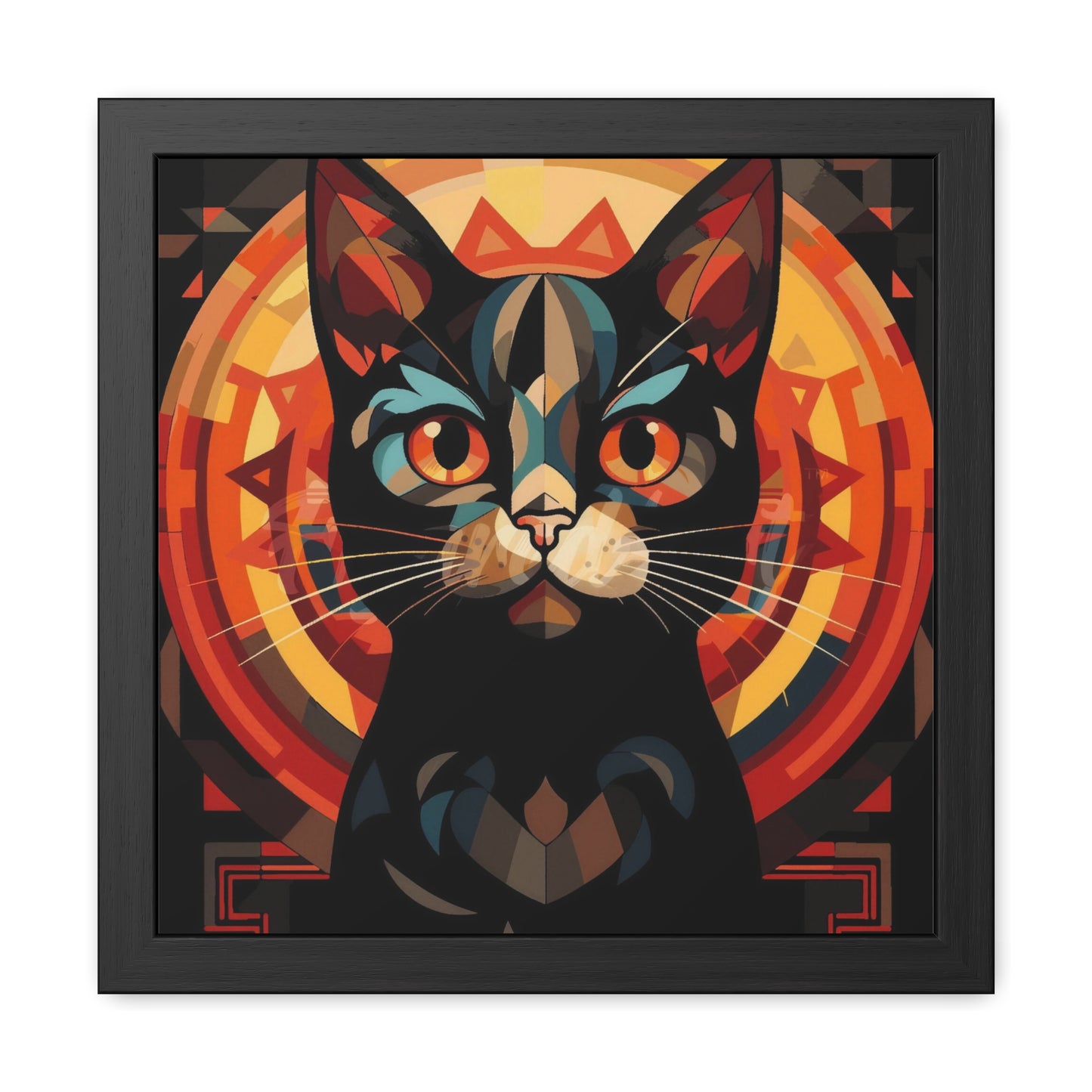 Framed Poster — Stylized Black Cat Art Print (Geometric Sun Halo)