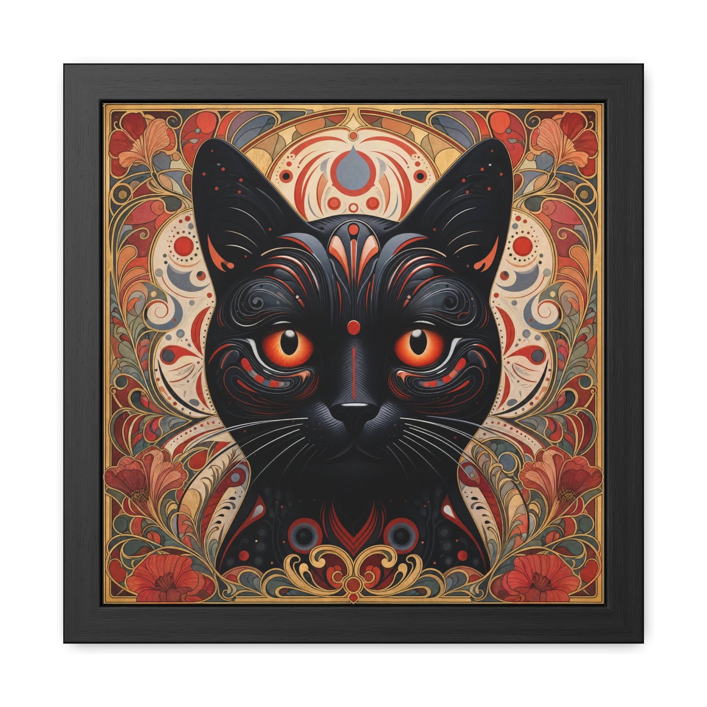 Black Cat Art Print — Framed Poster with Ornate Floral Mandala Design