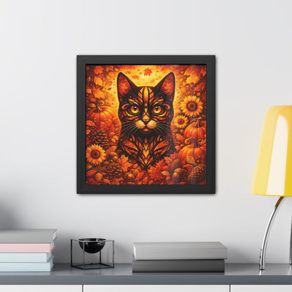 Autumn Cat Framed Poster — Halloween Pumpkin & Sunflower Wall Art
