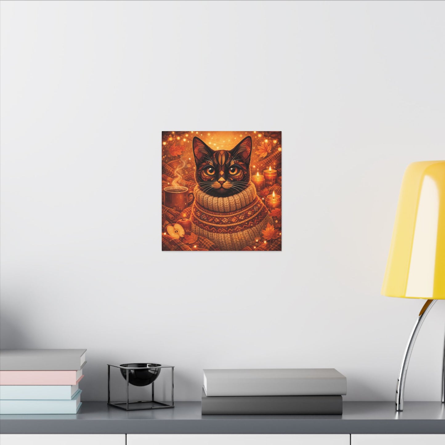 Autumn Cozy Cat Canvas - Warm Fall Cat Portrait with Sweater, Candles & Coffee