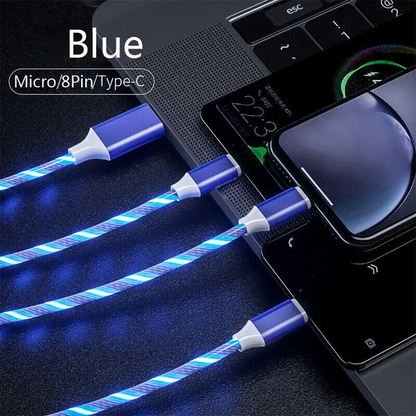 3-in-1 fast charging cable with blue braided cords and plugs: micro, 8-pin, USB-C