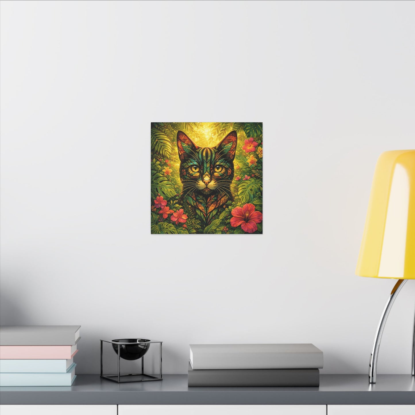 Tropical Cat Canvas Wall Art — Colorful Botanical Cat Portrait on Matte Stretched Canvas