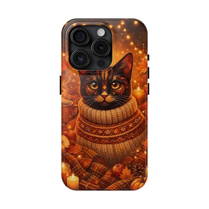 Cozy Autumn Cat Tough Phone Case — Cat in Sweater Fall Phone Cover