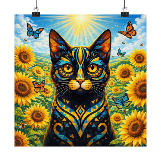 Square stained-glass style cat art print with sunflowers and butterflies