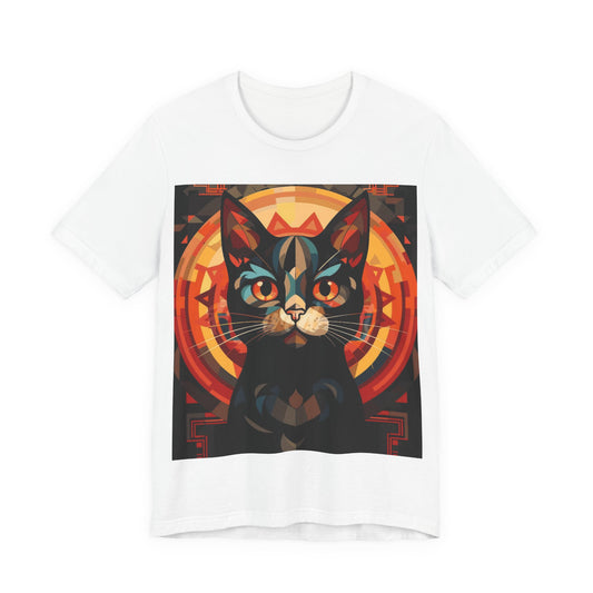 Cat portrait graphic t-shirt, white with front geometric cat face in orange circle