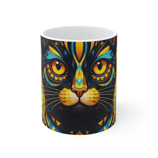 Geometric cat face coffee mug, black-blue with sunflower-yellow accents, 11 oz