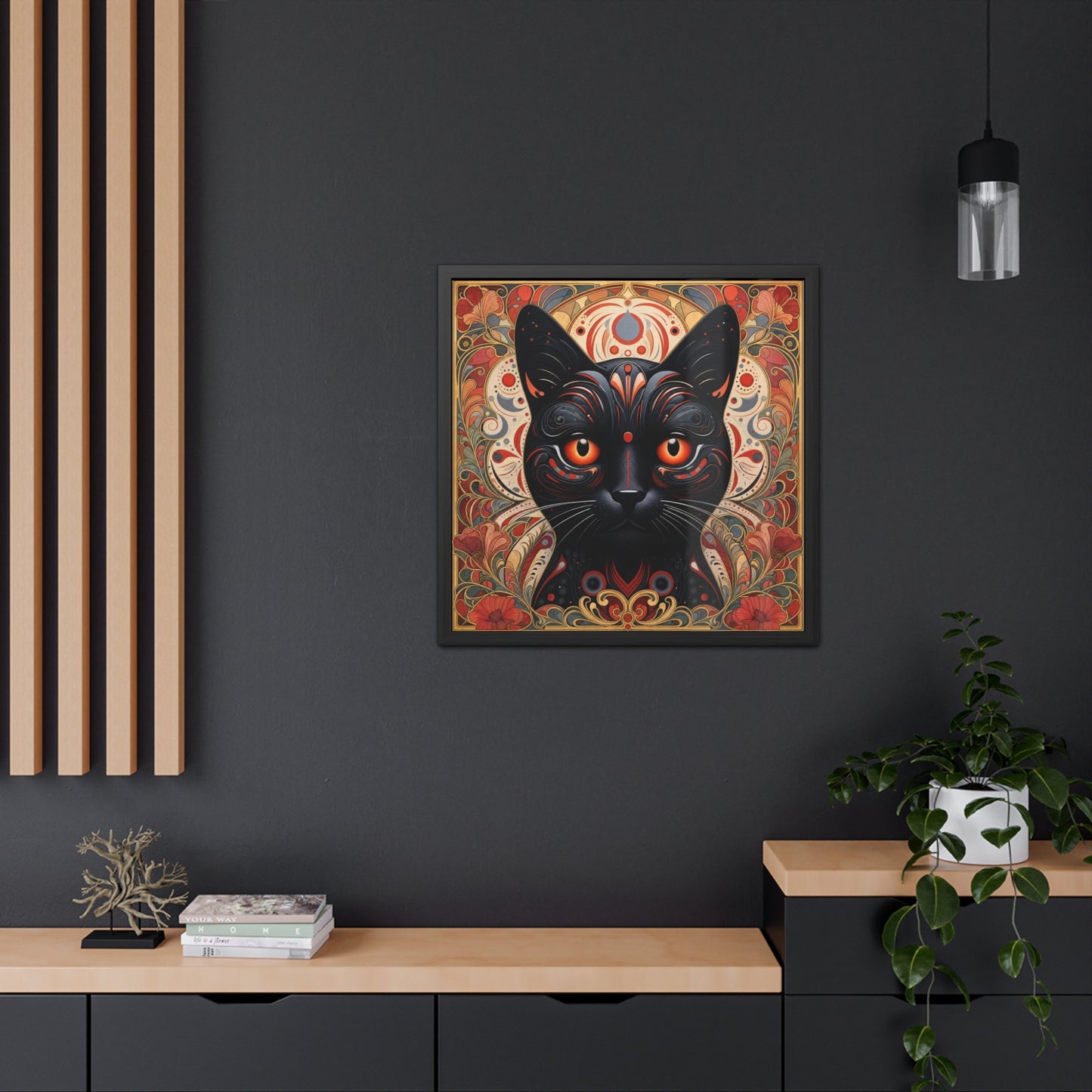 Black Cat Art Print — Framed Poster with Ornate Floral Mandala Design