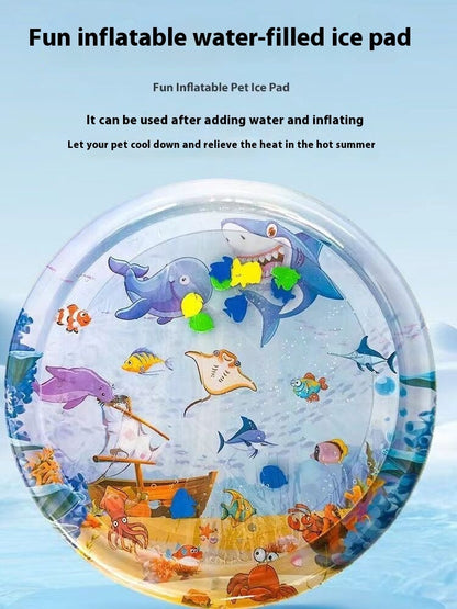Inflatable pet cooling water mat, transparent round top with ocean animal graphics