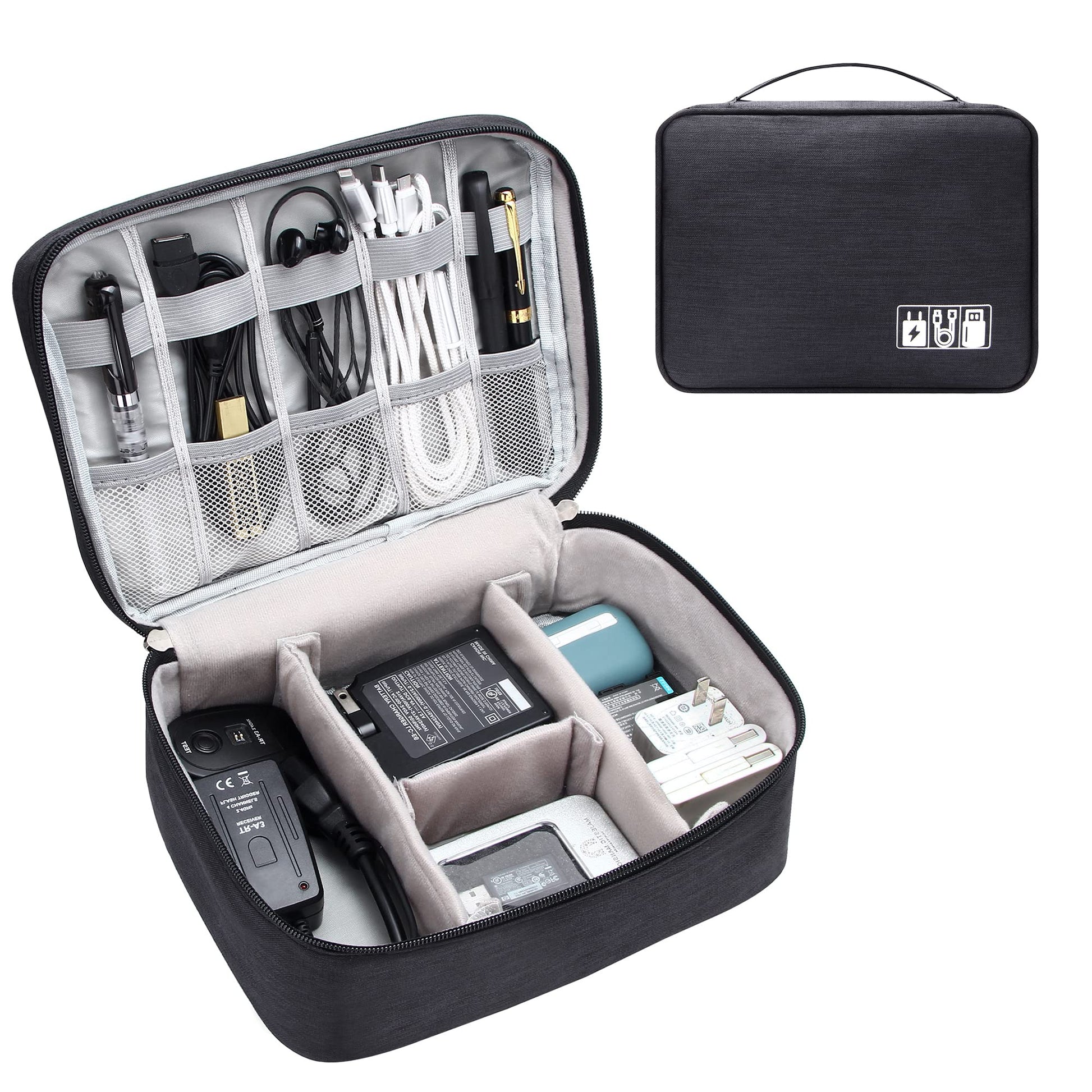 Dark gray zippered cable organizer bag with open compartments for chargers and cables
