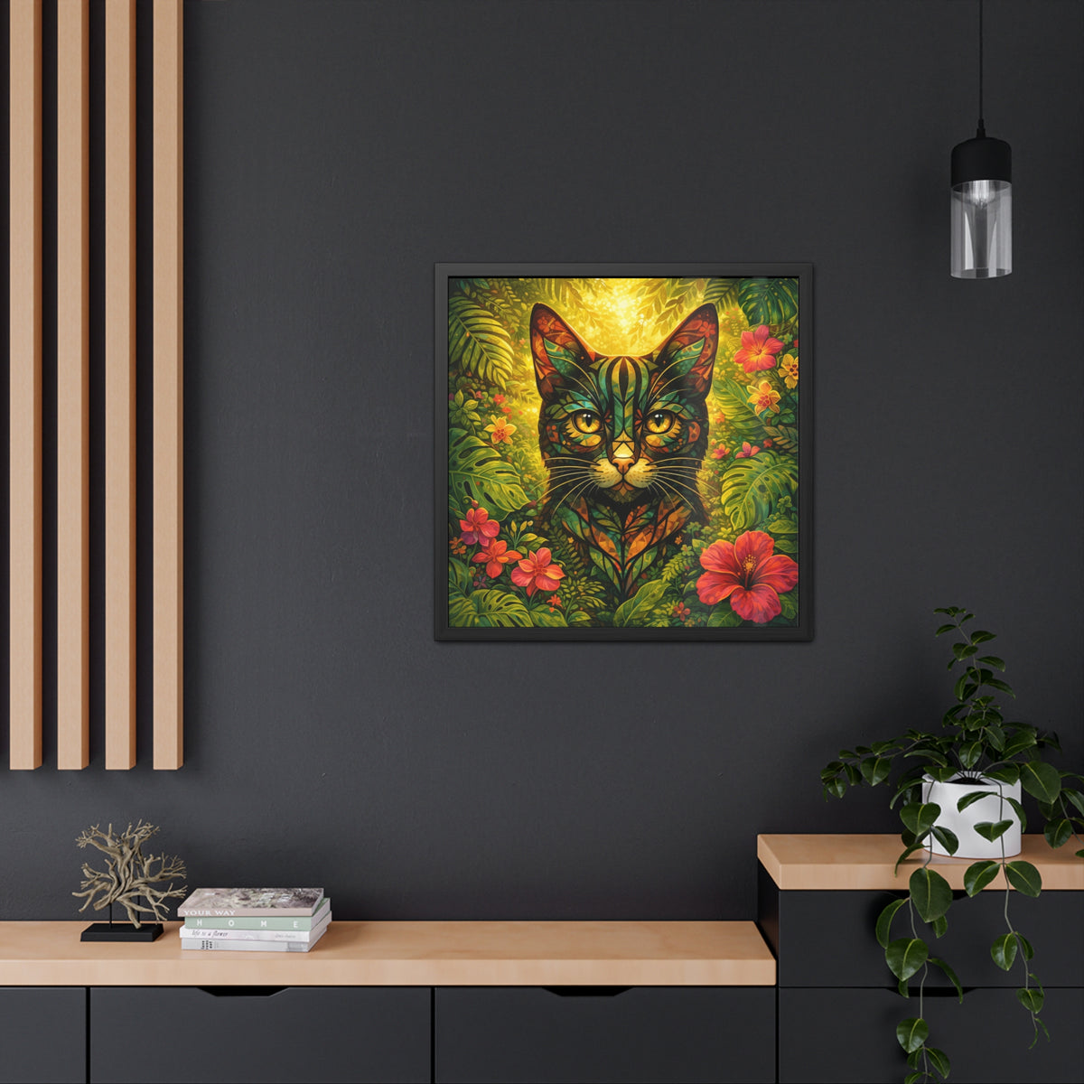 Small framed tropical cat print with green foliage and red-orange flower accents