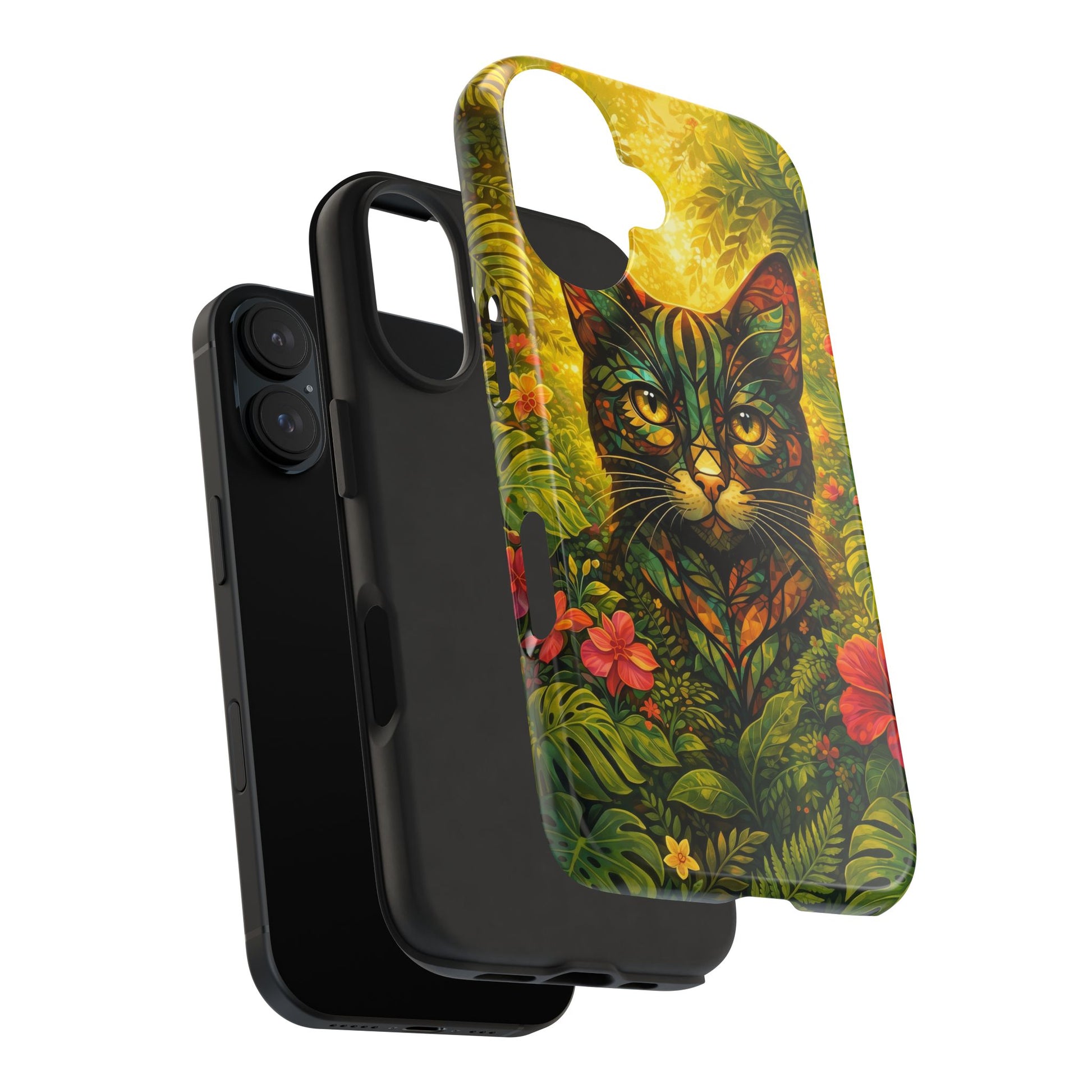 Tough phone case back with jungle cat illustration framed by green foliage and flowers