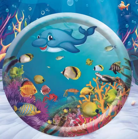 Inflatable pet cooling water mat with light blue dolphin illustration and fish