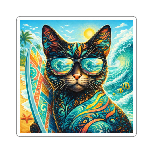 Colorful surfing cat kiss-cut sticker with mirrored sunglasses in tropical sea scene.