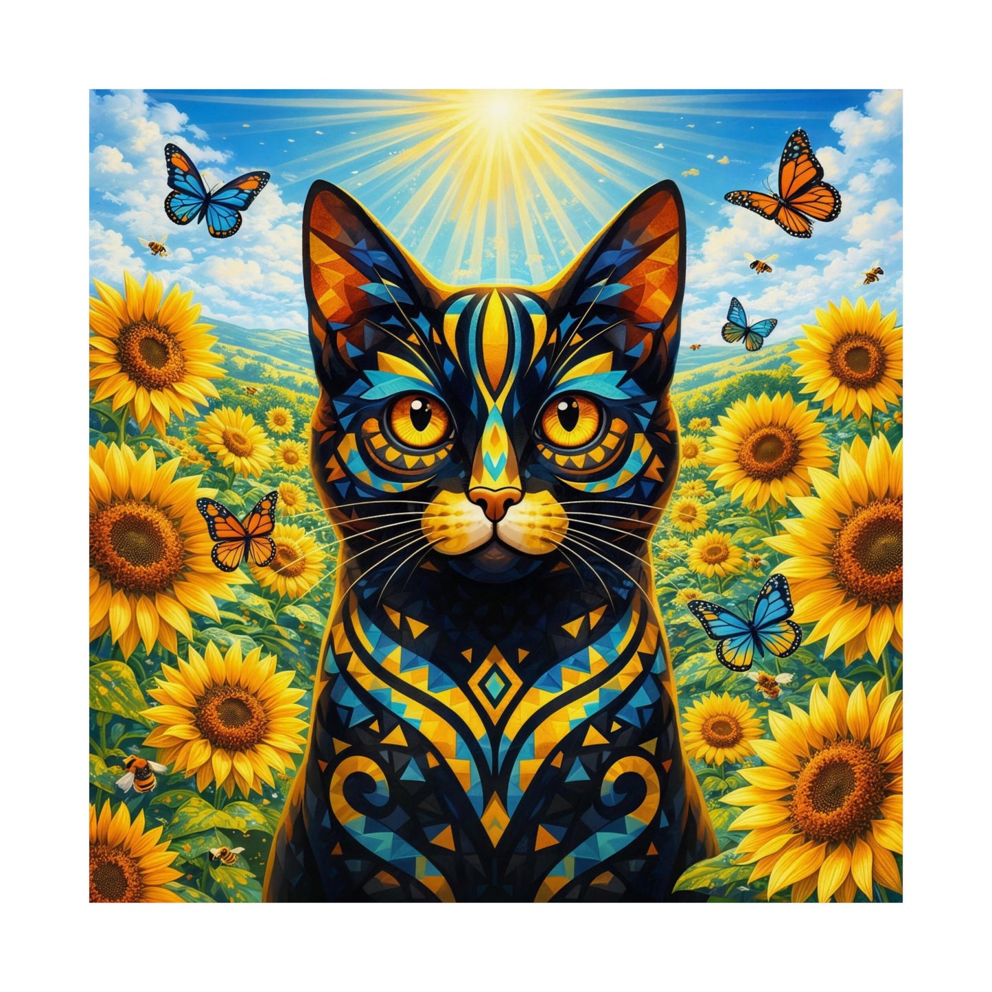Sunflower Cat Poster — Vibrant Stained-Glass Cat Art Print