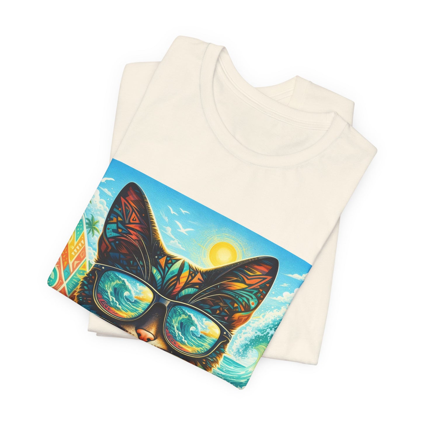 Surf Cat T-Shirt — Retro Tropical Cat with Sunglasses & Surfboard
