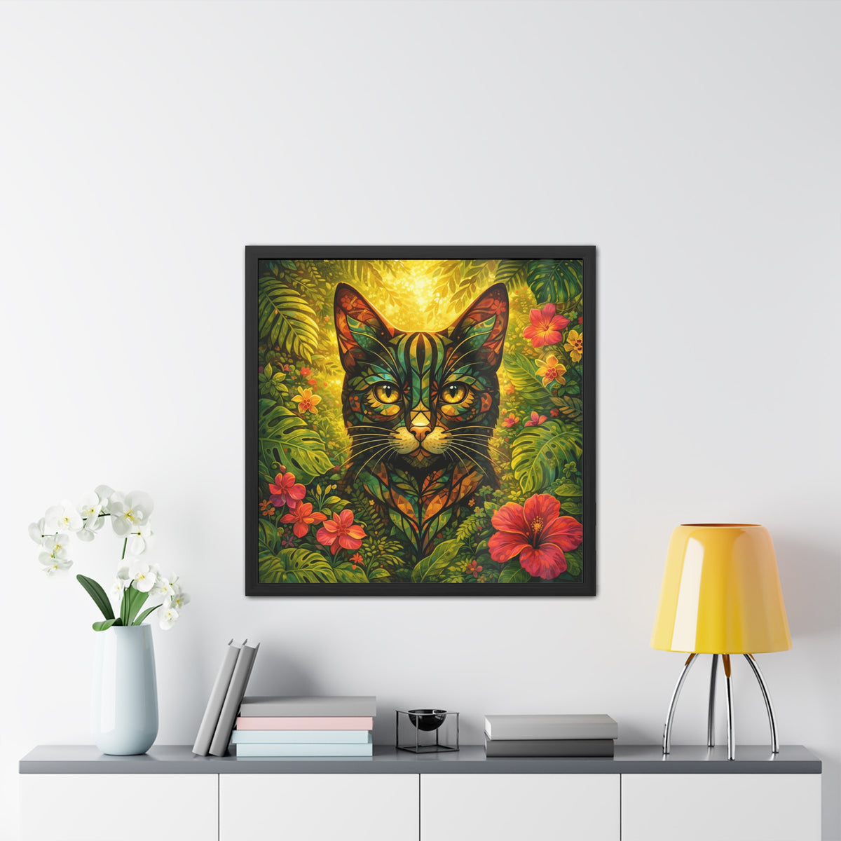 Framed tropical botanical cat art print with leafy background and bright red blooms