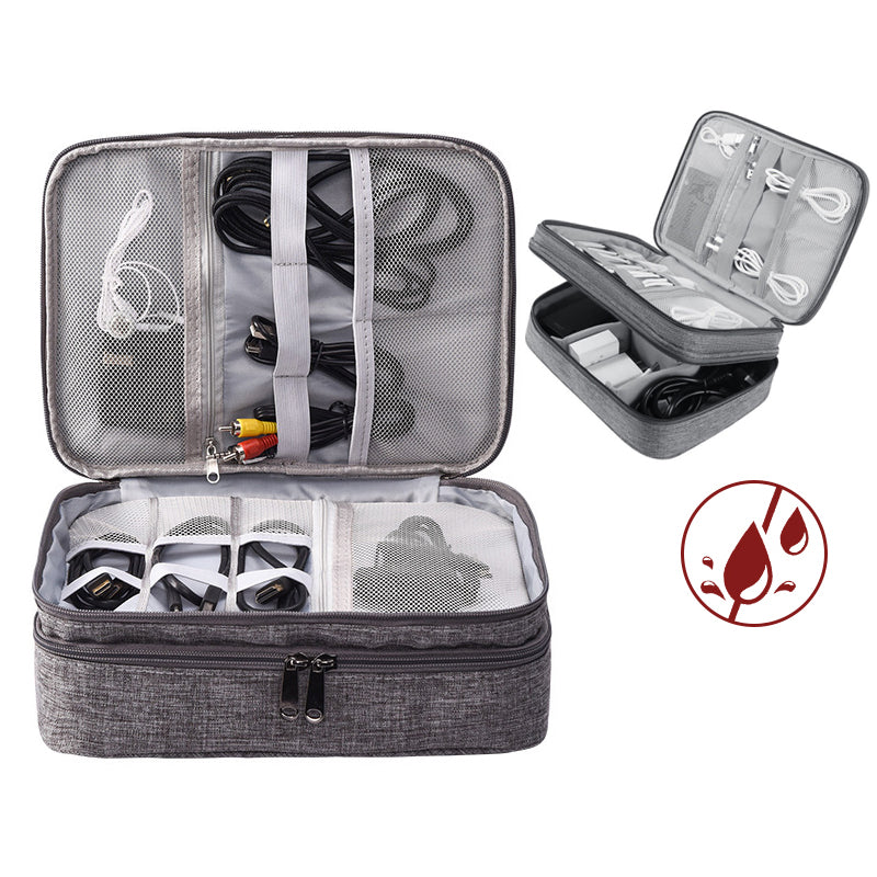 Double-layer electronics organizer bag, dark gray, open compartments with elastic bands