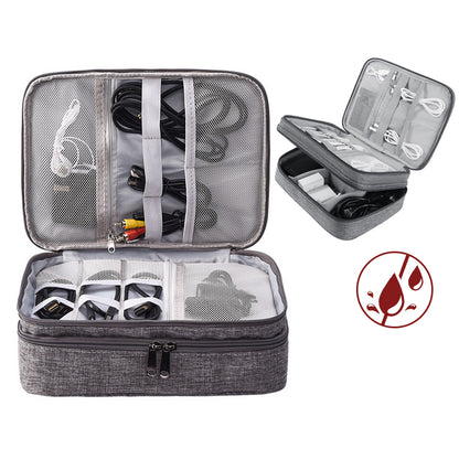 Double-layer electronics organizer bag, dark gray, open compartments with elastic bands
