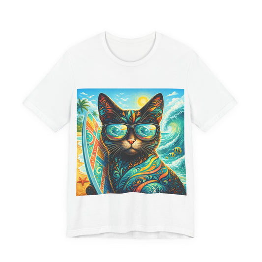 Surf Cat T-Shirt — Retro Tropical Cat with Sunglasses & Surfboard