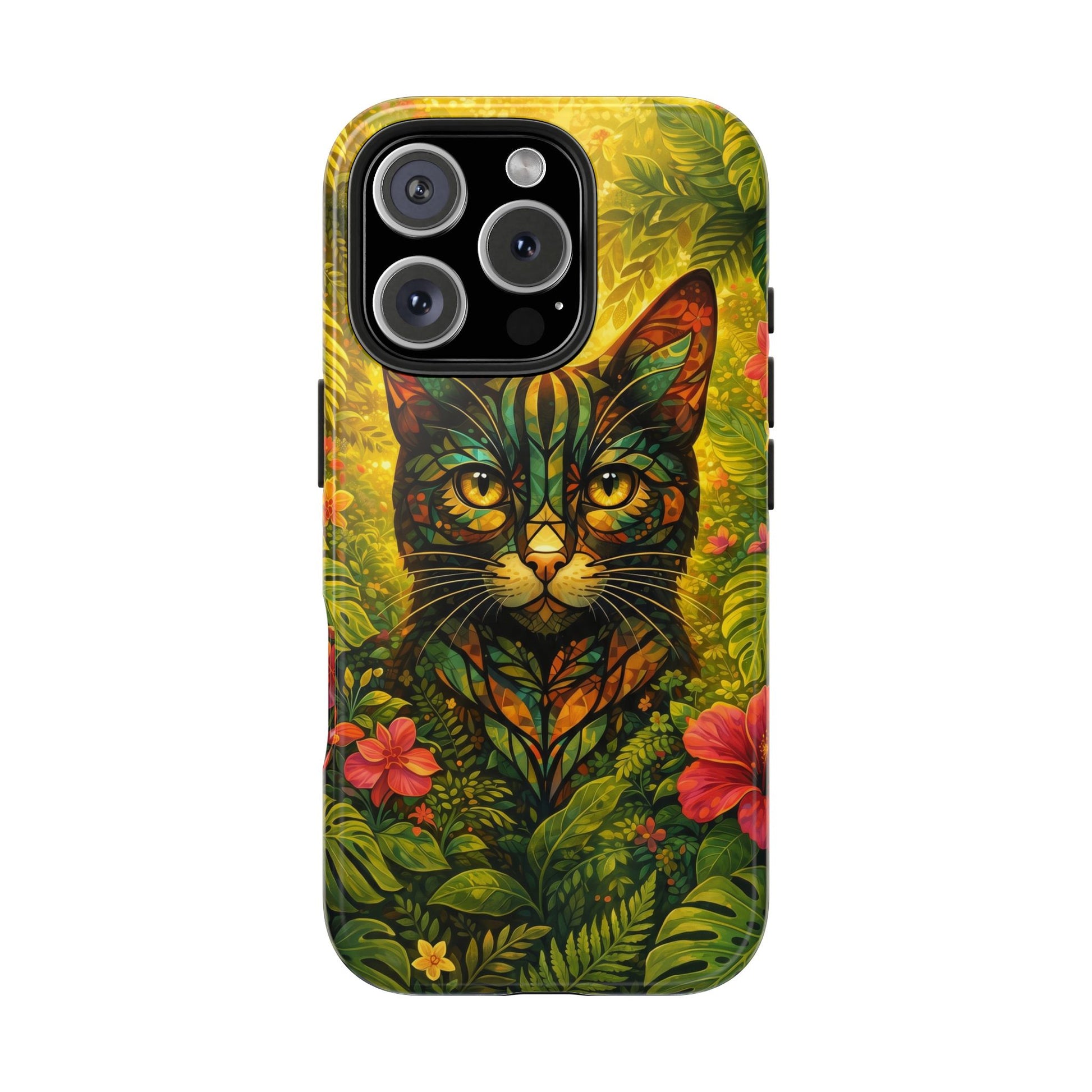 Tough phone case with jungle cat face and raised camera bump openings