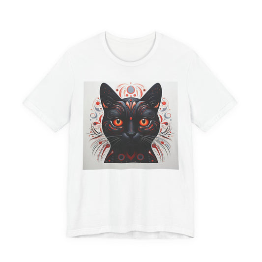 White crewneck T-shirt with black cat portrait graphic and orange eyes, ornate accents