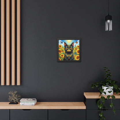 Sunflower Cat Framed Poster — Vibrant Stained-Glass Cat Art Print
