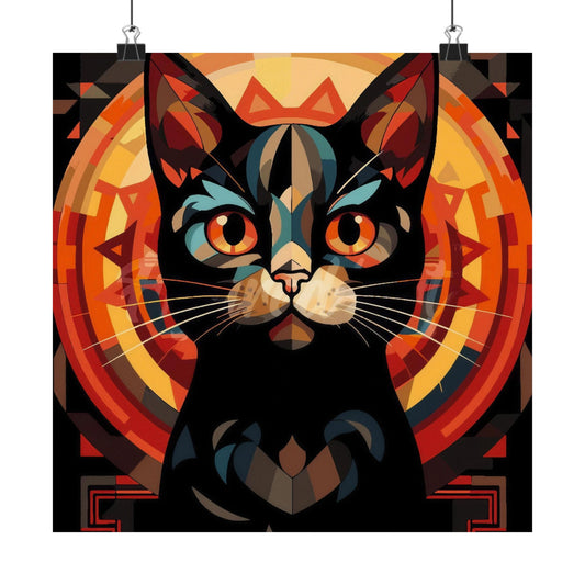 Matte vertical cat poster, geometric black cat with orange circular pattern