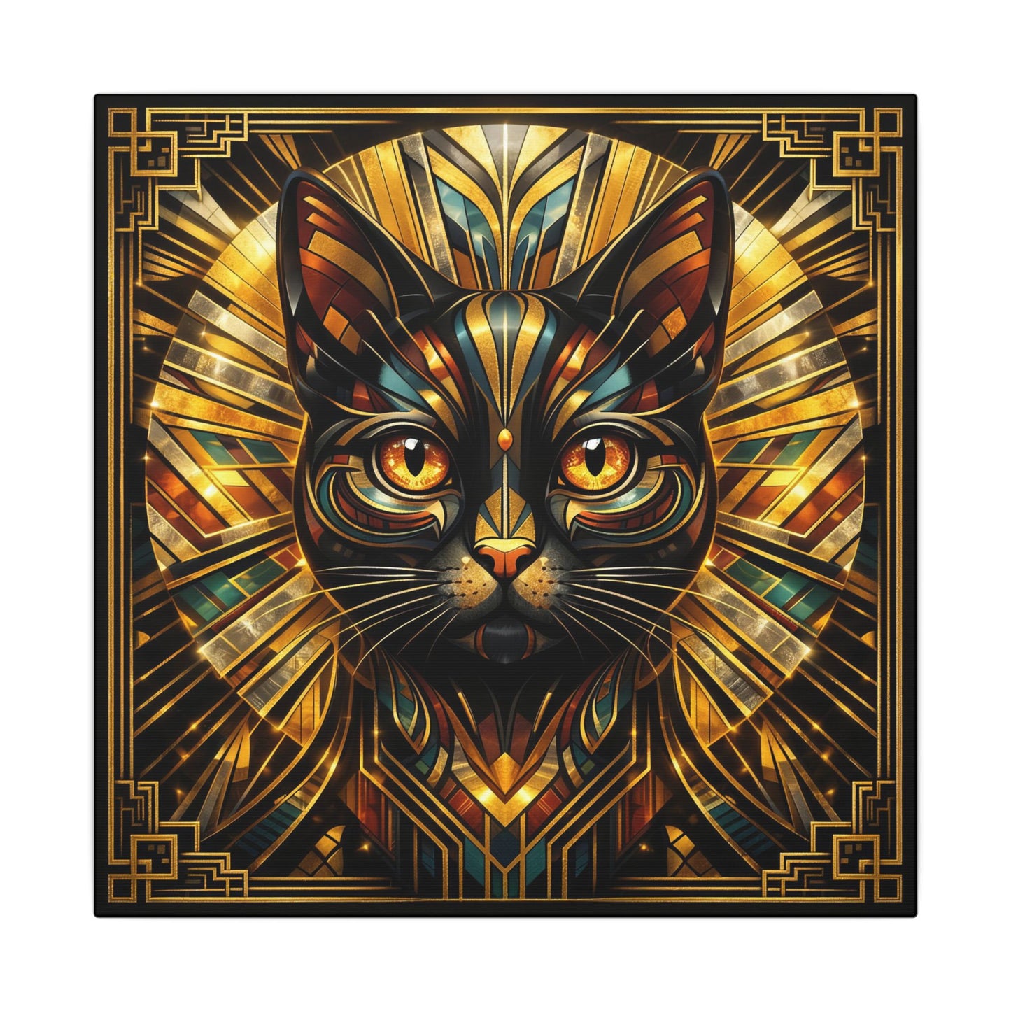 Art Deco Cat Canvas Print — Golden Geometric Feline Wall Art