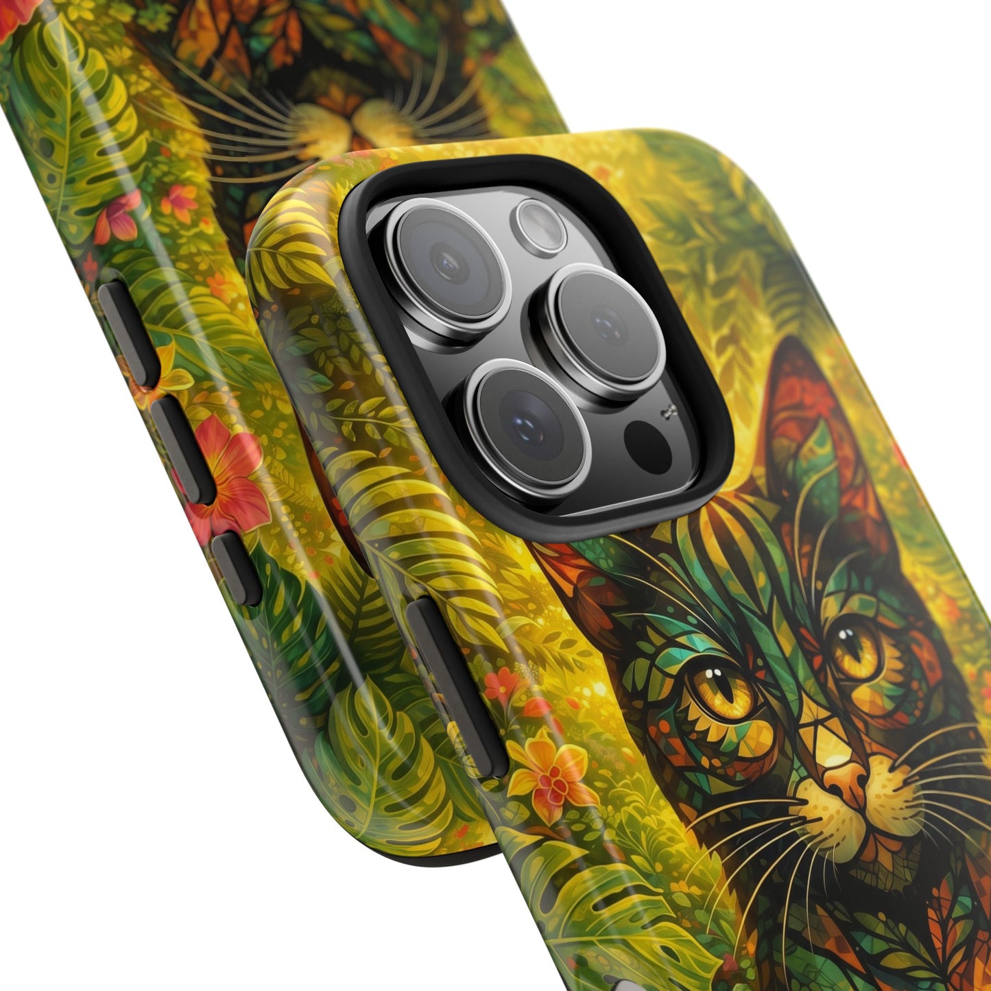Tough phone case with vibrant jungle cat print and camera cutout on a dark shell