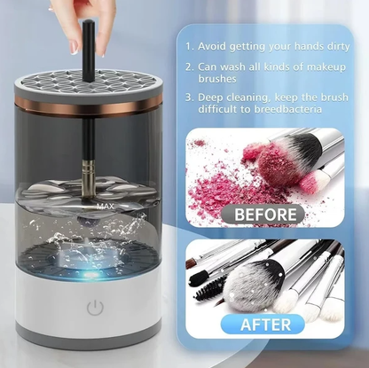 Electric makeup brush cleaner showing top nozzle and water-filled cleaning chamber