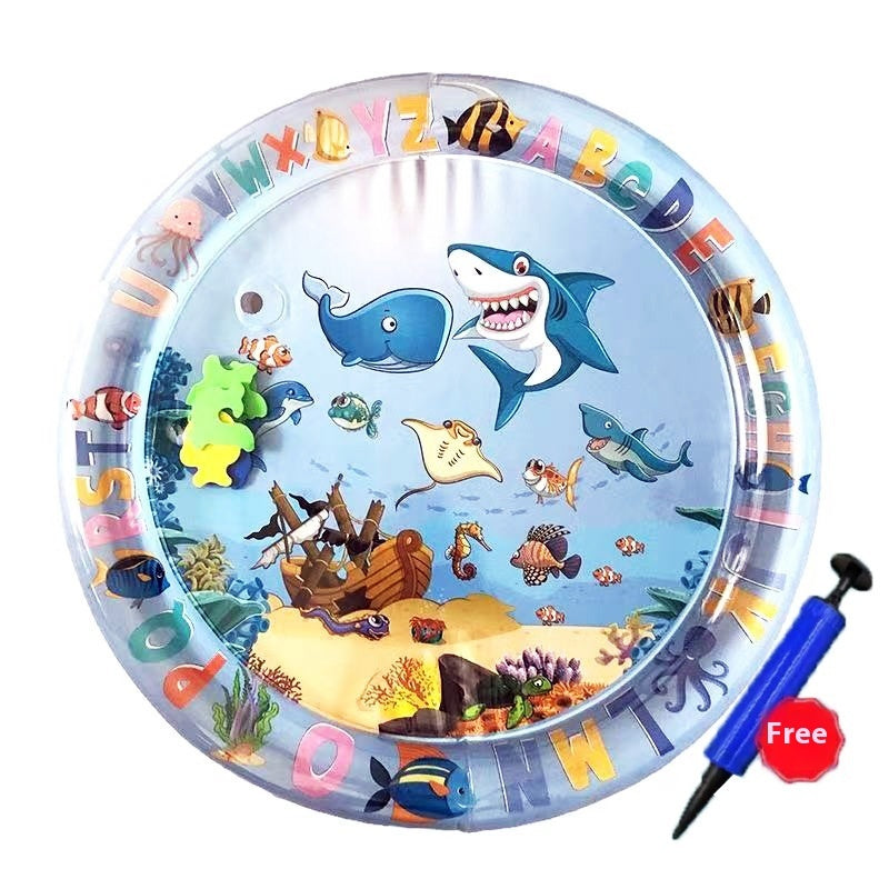 Inflatable pet cooling water mat with dolphin and shark ocean animal print, blue ring