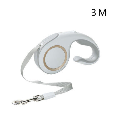 Automatic retractable dog leash with webbing strap and metal clip, white with gray accents