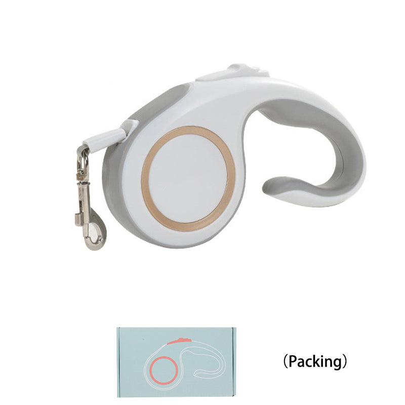 Automatic retractable dog leash, white handle with gray grip and metal clasp