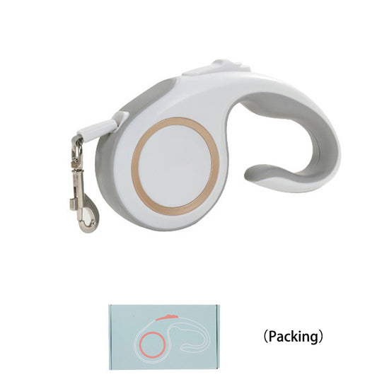 Automatic retractable dog leash, white handle with gray grip and metal clasp