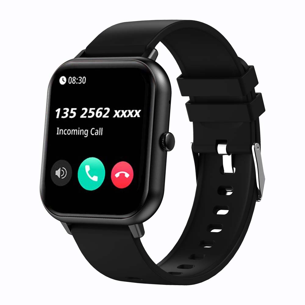 Square smartwatch with black strap, screen showing incoming call and 08:30
