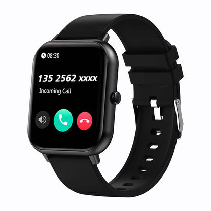 Square smartwatch with black strap, screen showing incoming call and 08:30