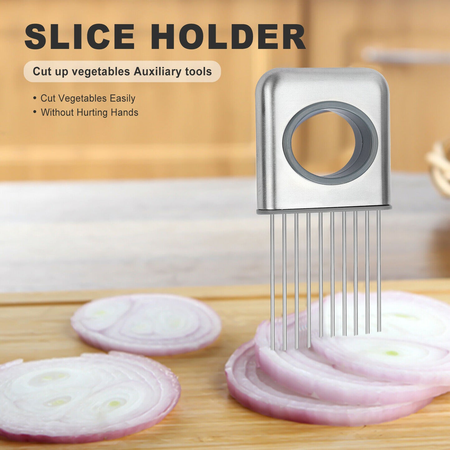 Stainless steel slice holder slicer with upright prongs, near onion slices