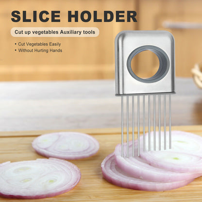 Stainless steel slice holder slicer with upright prongs, near onion slices